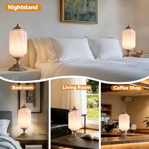 Milk Glass Table Lamp, Touch Control with USB Charging Port Vintage Bedside Desk Lamp Stepless Dimming for Bedroom Living Room Nightstand Led Bulbs Included （Purple）