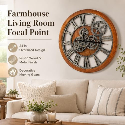 The B-Style Large Wall Clock, 24 inch, Brown and Bronze - color: Brwon With Bronze Gears, size: 24 inch (60 cm)