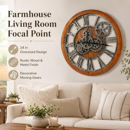 The B-Style Large Wall Clock, 24 inch, Brown and Bronze - color: Brwon With Bronze Gears, size: 24 inch (60 cm)