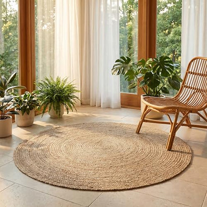 THE BEER VALLEY Jute Braided Area Rug, Natural, 4 Feet Round - color: Natural, size: 4' (Round)