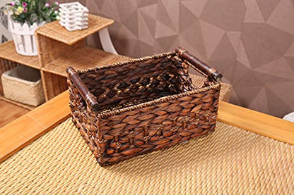 Water Hyacinth Wicker Storage Basket with Wood Handles, Medium - color: Dark Brown, size: 11.81x 8.66x 5.9