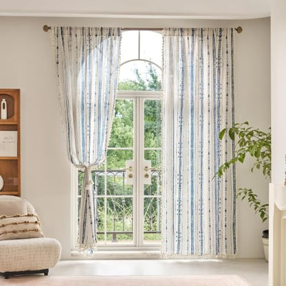 Blue Boho Curtains for Living Room with Tassel 54 Inch 2 Panels - color: T-blue, size: 52"W x 54"L (Pack of 2)