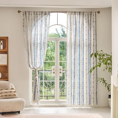 Blue Boho Curtains for Living Room with Tassel 63 Inch 2 Panels - color: T-blue, size: 52"W x 63"L (Pack of 2)