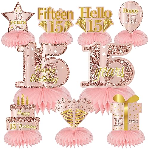 Turypaty Happy 15th Birthday Honeycomb Table Centerpieces Decorations Girls - style: Pink Rose Gold 15th