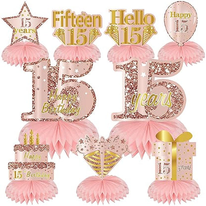 Turypaty Happy 15th Birthday Honeycomb Table Centerpieces Decorations Girls - style: Pink Rose Gold 15th