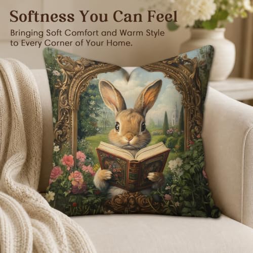 Vintage Rabbit Reading Whimsical Throw Pillow Cover,Decorative Pillowcase - color: Brown-rabbit02