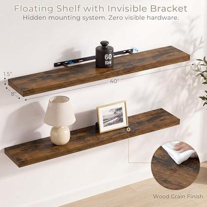 Vivelove Brown Floating Shelves 40 x 8 Inch, 8 Inch Deep Shelf, Set of 2 - color: Rustic Brown, size: 40"Wx8"Dx1.4"H