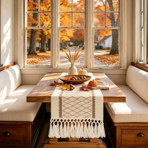 yuboo Boho Fall 48 Inch Table Runner, Rustic Farmhouse Dresser Runners - color: Beige&cream, size: 48 inch