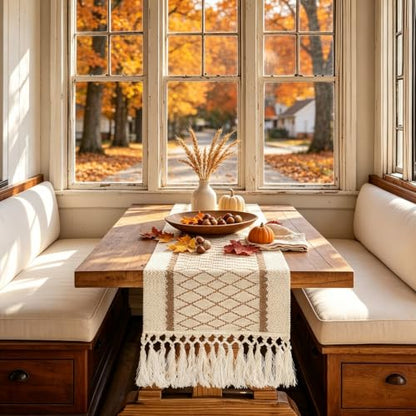 yuboo Boho Fall 48 Inch Table Runner, Rustic Farmhouse Dresser Runners - color: Beige&cream, size: 48 inch