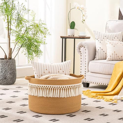 KAKAMAY Large Blanket Basket with Handles, Storage Basket for Living Room - color: Brown Fringe