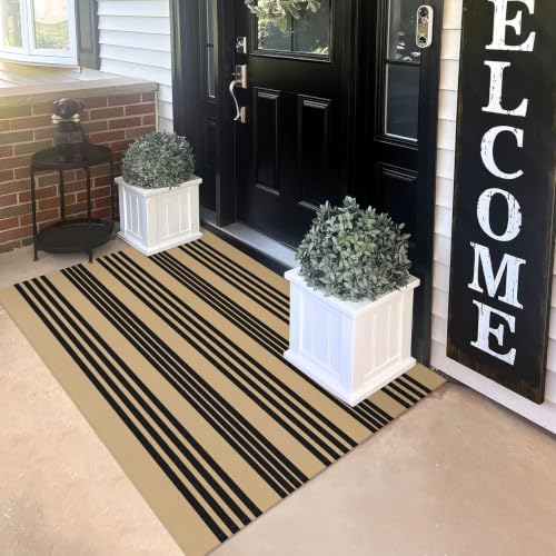 KILOCOCO Striped Rug 3x5 ft Washable Woven Front Door Rug, Brown and Black - color: Brown and Black Stripe, size: 3' x 5' (Rectangular)