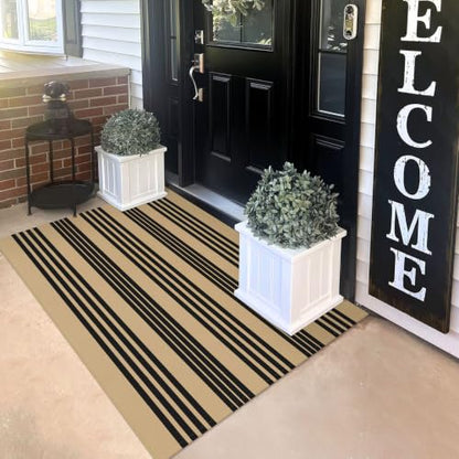 KILOCOCO Striped Rug 3x5 ft Washable Woven Front Door Rug, Brown and Black - color: Brown and Black Stripe, size: 3' x 5' (Rectangular)