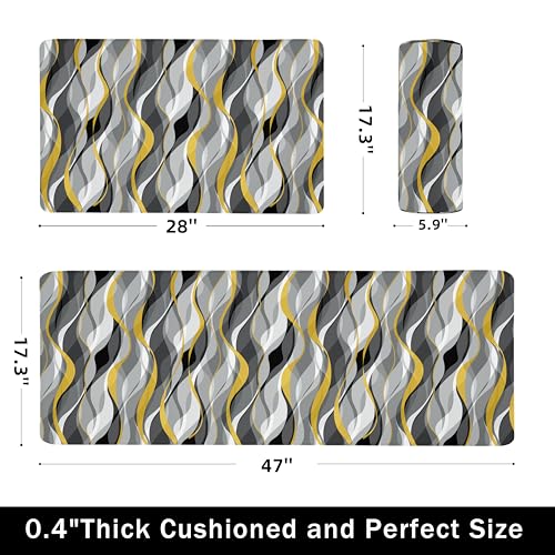 Kitchen Mats for Floor Modern Abstract kitchen rugs Grey and Yellow Stripe Anti Fatigue Kitchen Mats Waterproof Floor Mats Cushioned Non-Skid Standing Mats for Kitchen, Set of 2,17.3 x 28+17.3 x 47 - color: Grey and Yellow
