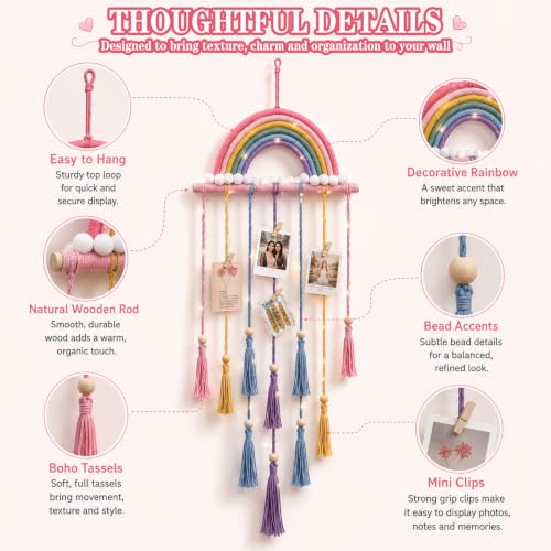 Rainbow Macrame Wall Decor Hanging Photo Display with Light Tassel