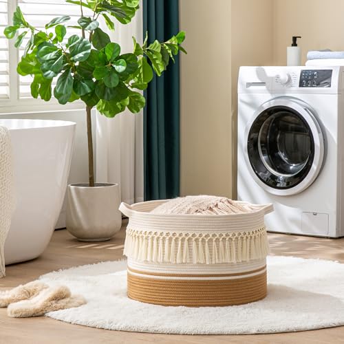 KAKAMAY Large Blanket Basket (20"x13"),Woven Baskets for storage Baby Laundry Hamper, Cotton Rope Blanket Basket for Living Room, Laundry, Nursery, Pillows, Baby Toy chest (White Fringe) - color: White Fringe