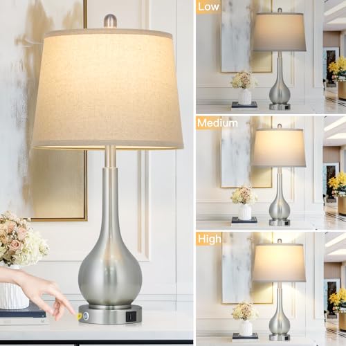 Rinweey 26" Silver Table Lamps Set of 2 for Living Room, Touch Control Bedside Lamp with USB Charging Ports, 3-Way Dimmable Brushed Nickel Bedroom Lamps for Nightstand (2 LED Bulbs Included) - color: Silver (2 Pack)