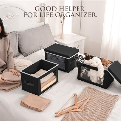 Homsorout Stackable Storage Bins with Lids - Medium Storage Box with Lids, Foldable Closet Boxes for Organizing, Wardrobe Clothes Organizer with Window, Cubes Bins for Living Room, 5 Pack, Black - color: Black, size: L(5-Pack)