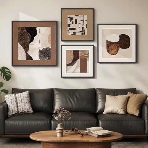 Large Framed Neutral Brown Abstract Wall Art for Living Room, 4 Piece Set