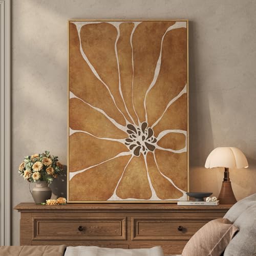 Large Framed Boho Abstract Brown Floral Wall Art for Living Room, 24x36 In - color: Neutral Brown, size: 36"L x 24"W