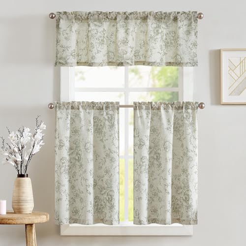 jinchan Green Floral Linen Kitchen Tier Curtains and Valance Set 3 Pieces - color: Alice | Green on Linen, size: 26"W x 24"L (Pack of 3)
