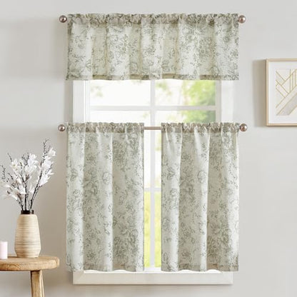 jinchan Green Floral Linen Kitchen Tier Curtains and Valance Set 3 Pieces - color: Alice | Green on Linen, size: 26"W x 36"L (Pack of 3)