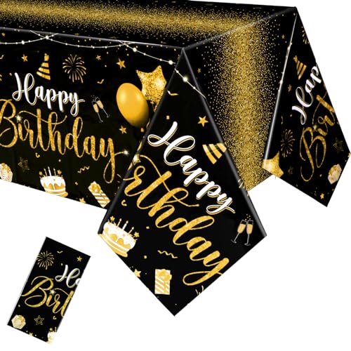 Tudomro 3 Pcs Plastic Happy Birthday Party Tablecloths,Black Gold - color: Black Gold