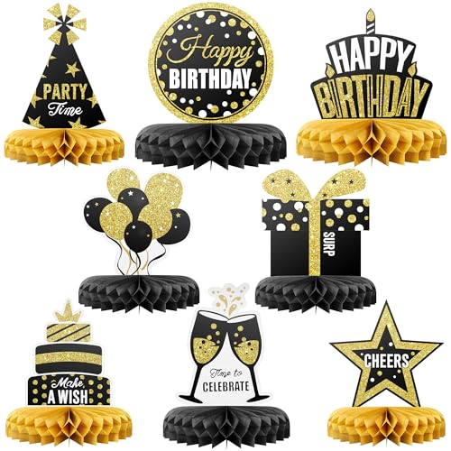 Happy Birthday Table Decoration Centerpieces - 8 Pieces, Black & Gold - Double-Sided Happy Birthday Centerpieces for Tables - Party Supplies for Elegant Birthday Decorations - by PixiPy - style: Black & Gold (Pack of 8)