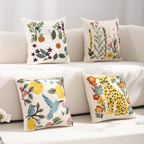 Embroidered Throw Pillow Covers 18x18 Pack of 2 Green Leaves Daisy - color: White Daisy