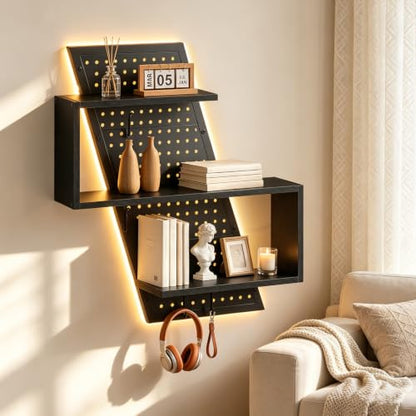 S-Shaped Gaming Floating Shelf with LED Light Strip, 3 Tier Wall Floating Shelf with Pegboard & 4 Removable Hooks, for Bedroom, Game Room, Living Room, Study, Black 999BKSDBJ180 - color: Black