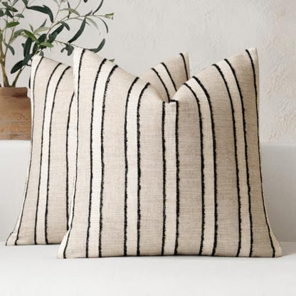 FIOUOVO Striped Linen Throw Pillow Covers 18x18 Set of 2, Beige - color: Beige, size: 18" x 18" (Pack of 2)