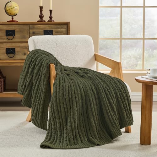 Dark Khaki Cable Knit Throw Blanket,Extra Thick Cozy Sofa Blanket 50x60 - color: Olive Green, size: 50"x60"