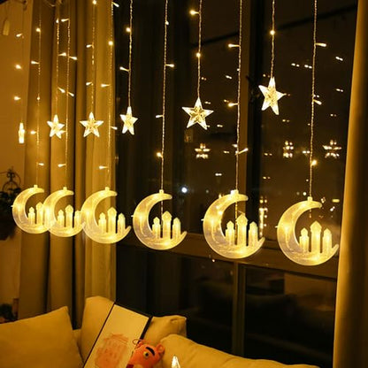 Dazzle Bright Moon Star and Fairy Tale Castle String Lights, 138 LED Muslim Curtain Fairy String Lights, 8 Lighting Modes for Home Holiday Ramadan Christmas Wedding Party Xmas Eid Decorations(USB) - size: Castle