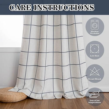 MYSKY HOME 100% Blackout Navy Blue Plaid Linen Curtains 63 Inches Long Windowpane Pattern Double Layer Farmhouse Thermal Insulated Drapes with Rod Pocket Back Tab for Bedroom, 2 Pcs, 52" Wide - color: Navy Blue, size: 52"W x 63"L (Pack of 2)