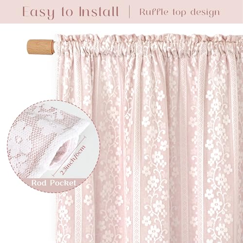 ASPMIZ Linen Pink Kitchen Tier Curtains 36 Inch Length, Double Layered Kitchen Curtain with Linen and Lace, Rod Pocket Window Curtains with Tiebacks, Boho Window Treatments for Bathroom Cafe, 2 Panel - color: Light Pink, size: 26"W x 36"L (Pack of 2), sty