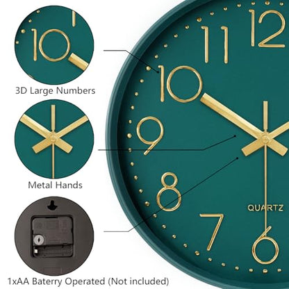 Silent Wall Clocks Battery Operated 8 Inch, Analog Wall Clock with Large Number Tempered Glass Clock Face, Dark Green Quartz Non Ticking Wall Clocks for Living Room Bedroom Kitchen Office - color: Dark Green, size: 8 Inch