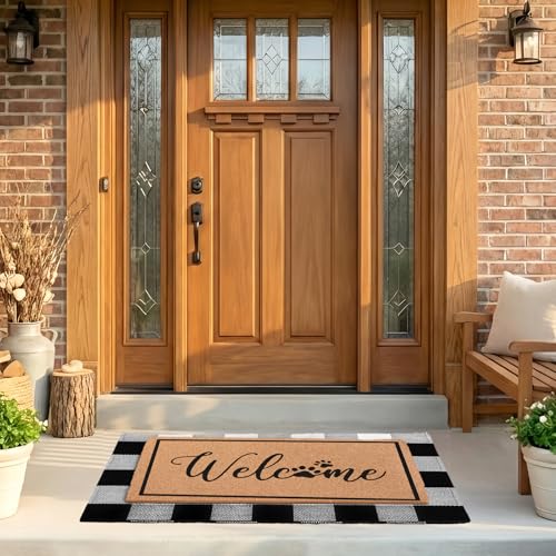 2-Piece Layered Welcome Mat Set - Coir Doormat & Buffalo Plaid Rug - color: Dog Paws