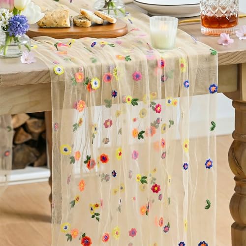 Artoid Mode Beige Apricot Floral Gauze Embroidery Table Runner 120Inch 10FT - color: Champagne, size: 27" x 120"