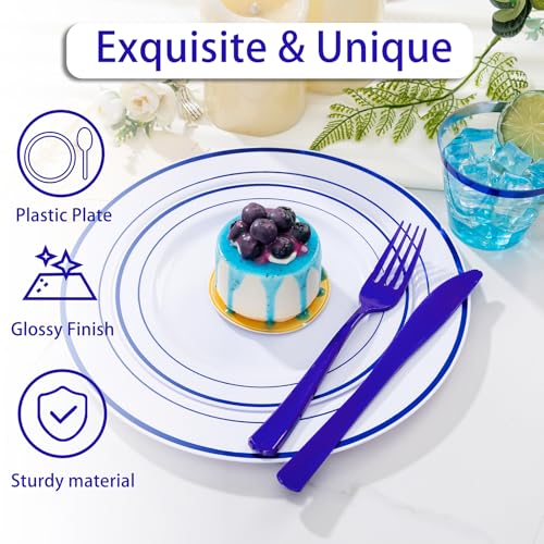 WELLIFE 350 Pieces Blue Plastic Plates - Disposable Silverware and Cups, Include: 50 Dinner Plates 10.25”, 50 Dessert Plates 7.5”, 50 Blue Cups 9 OZ, 50 Plastic Cutlery - color: Blue, style: 350PCS（50 Guests）