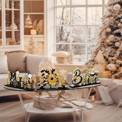 Blulu 3 Pcs Gold Christmas Wooden Signs Tabletop Farmhouse Centerpieces - color: Gold