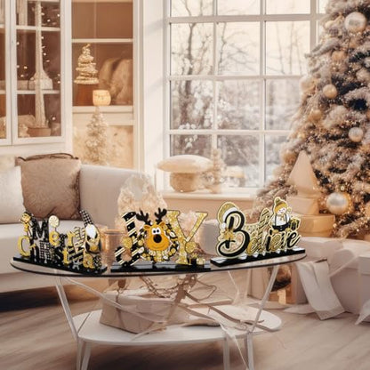 Blulu 3 Pcs Gold Christmas Wooden Signs Tabletop Farmhouse Centerpieces - color: Gold