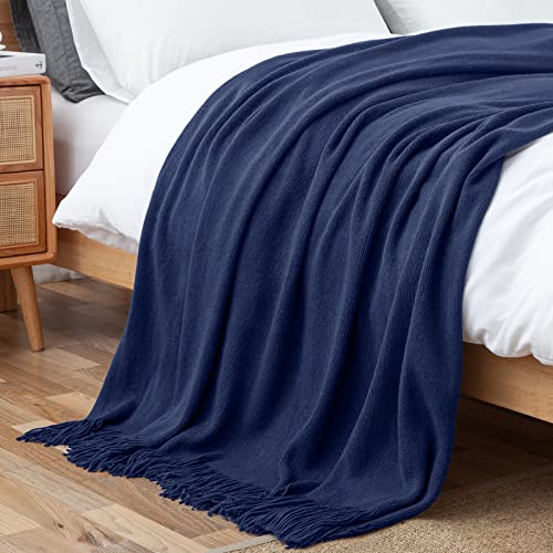 Vonty Royal Blue Knitted Throw Blanket with Tassels Fringe, 50x60 Acrylic - color: Royal Blue, size: 50" x 60"