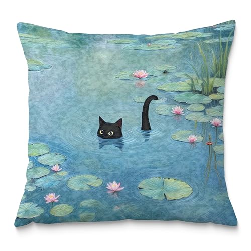 Black Cat Art Painting Throw Pillow Covers 18x18, Aesthetic Black Cat Decor Pillow Covers, Vintage Cats Decor for Room Bedroom, Cats Lovers Lady Mom Grandma Gifts - color: Style02