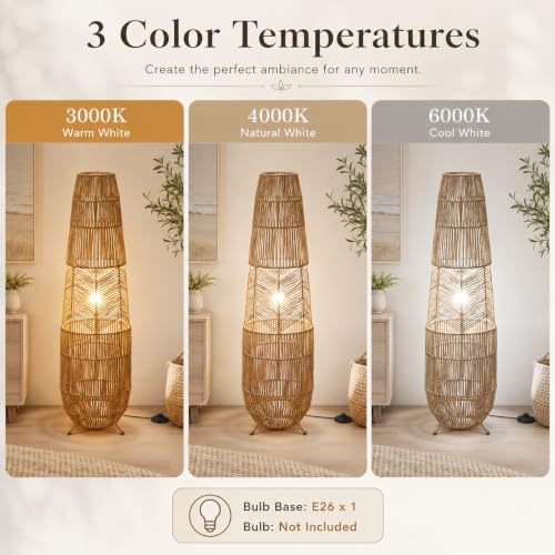 Hand Woven Rattan Floor Lamp,Boho Standing Lamps for Living Room - color: Rope