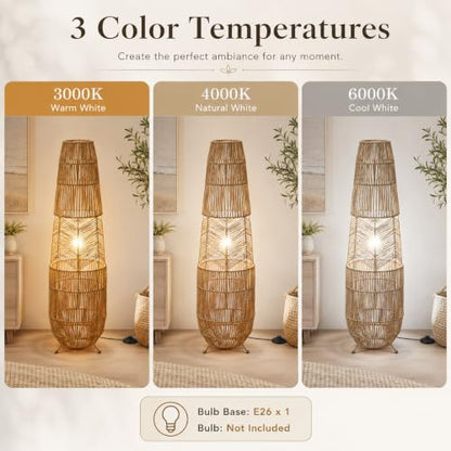 Hand Woven Rattan Floor Lamp,Boho Standing Lamps for Living Room - color: Rope