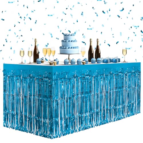 2 Pack Lake Blue Table Skirts, 29x108" Metallic Foil Tinsel Fringe Table Skirts for Rectangle Tables Streamer Curtains Backdrop, Party Decorations for Birthdays Weddings Holidays - color: Lake Blue
