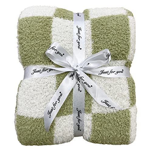 Ultra Soft Checkered Blanket Cozy Buffalo Check Throw Fluffy Knitted Reversible Throw Blanket Lightweight Fleece Checkerboard Grid Blanket for Sofa Couch Bed Travel, Sage Green, 51''x63'' - color: Sage Green