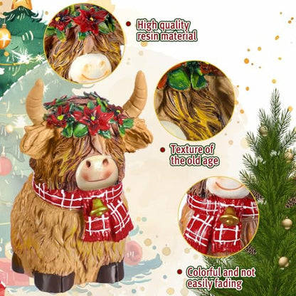 2 Pack Christmas Highland Cow Figurines Decor, Resin Table Decor - style: Christmas