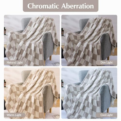 WRENSONGE Soft Twin Size Checkered Blanket for Bed-Cozy Knitted Blankets - color: Art Taupe, size: Twin(60"x80")