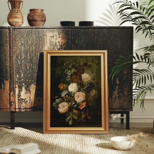EJPFOGV Baroque Dark Background Floral Framed Canvas Wall Art 12x16 inches - color: Flowers, size: 16"L x 12"W