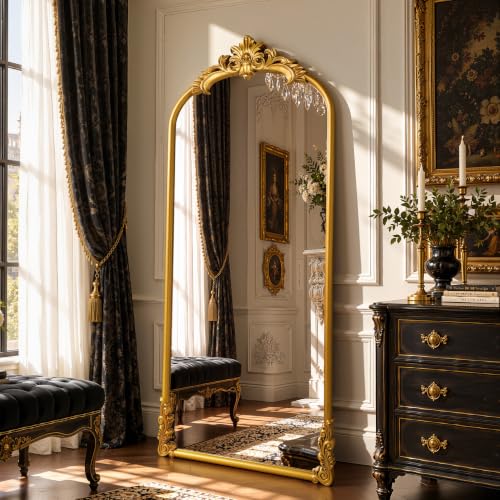 Vintage Arched Floor Mirror 28"x 69" with Stand Matte Gold - color: Antique Gold, size: 69"L x 28"W